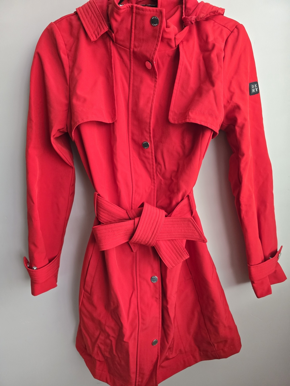 DKNY Red Trench Coat with Self-Tie Belt